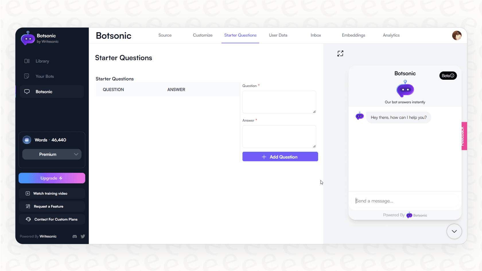 A screenshot providing a Writesonic overview of the Botsonic training process for its no-code chatbot.