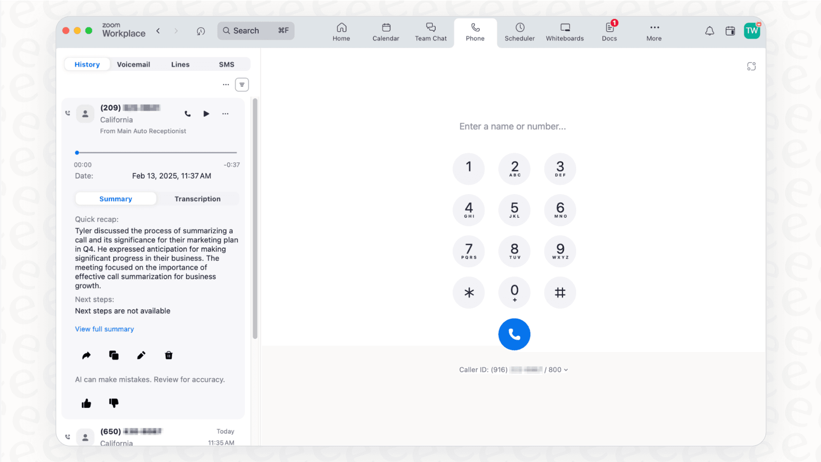 A screenshot of the Zoom app displaying the integrated Phone feature, a key selling point for the Business Plus Zoom pricing tier.