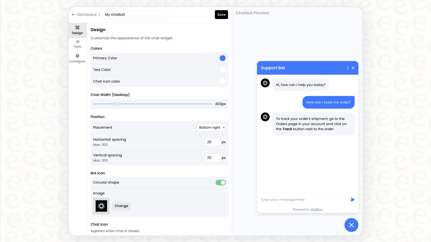 A view of the Chatling settings, an international-focused option among My AskAI alternatives, showing its extensive language support.