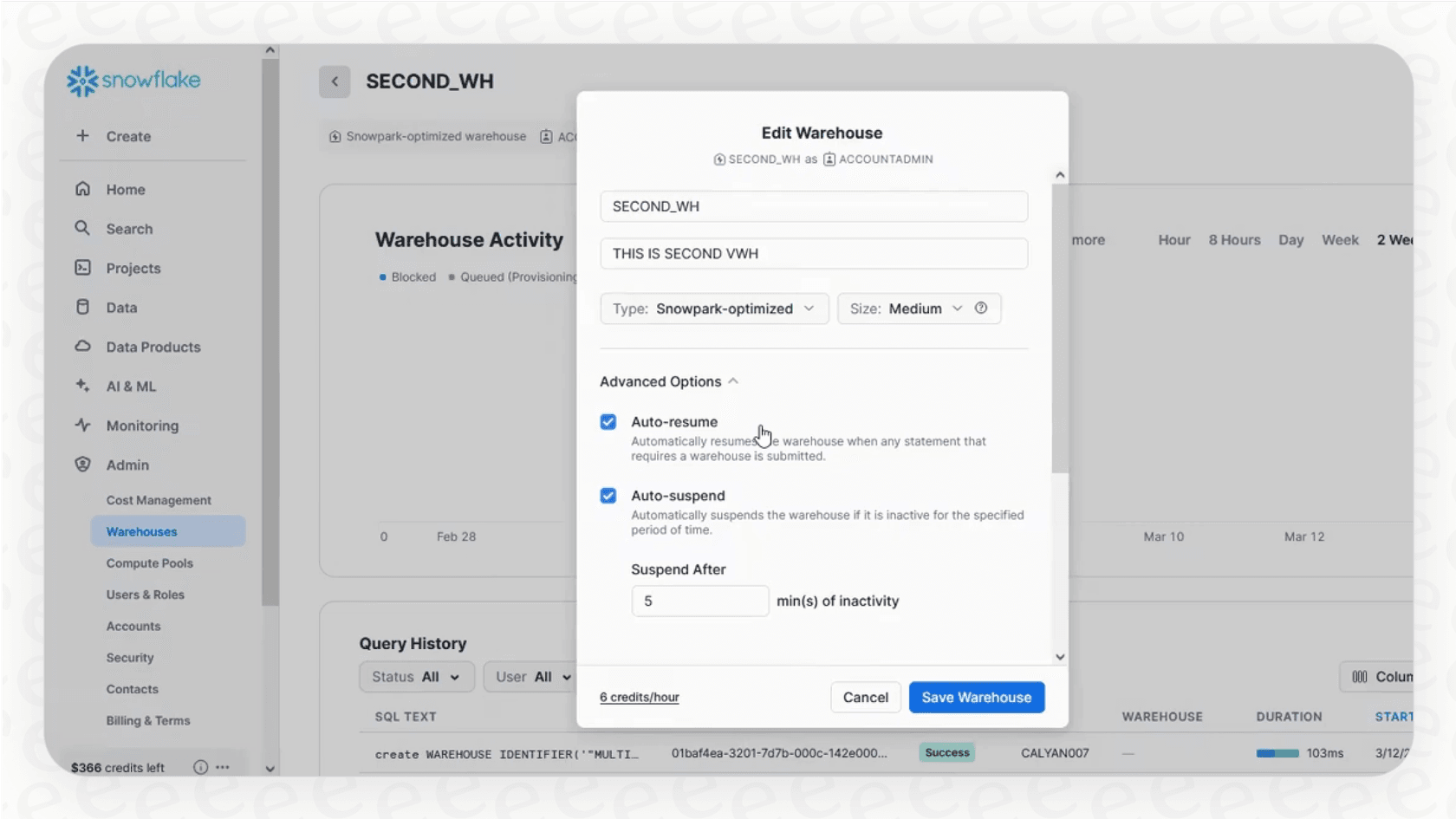 A screenshot of the auto-suspend setting in the Snowflake interface, a key feature for managing Snowflake pricing.