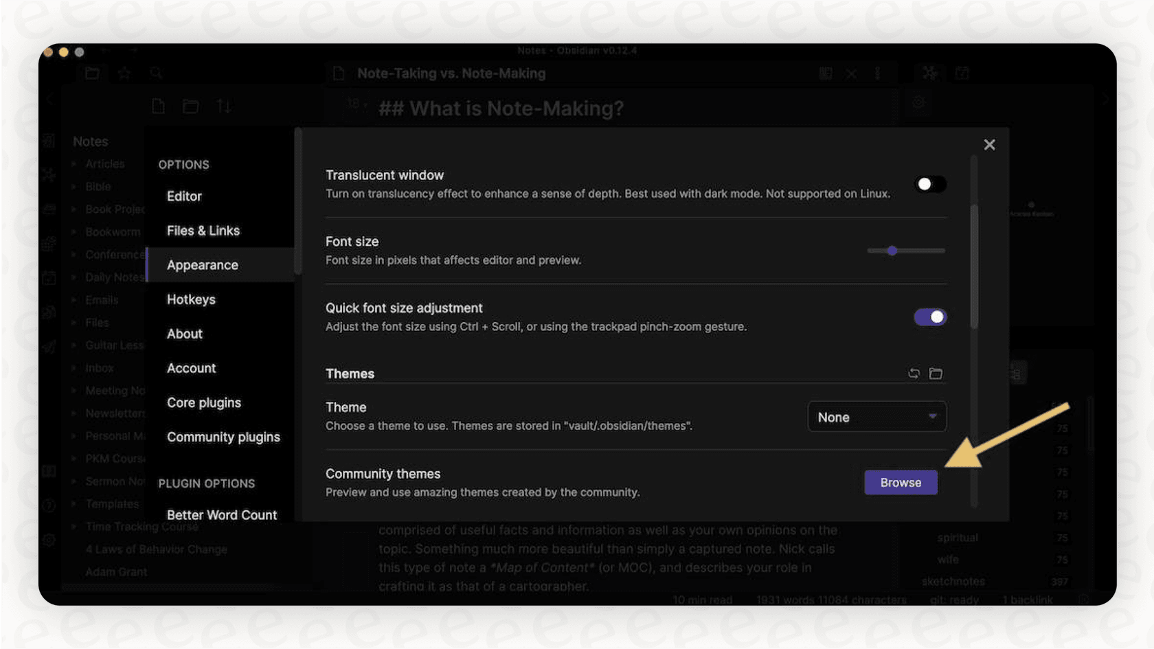 Screenshot for an Obsidian overview, demonstrating how users can browse and apply different community themes to change the app