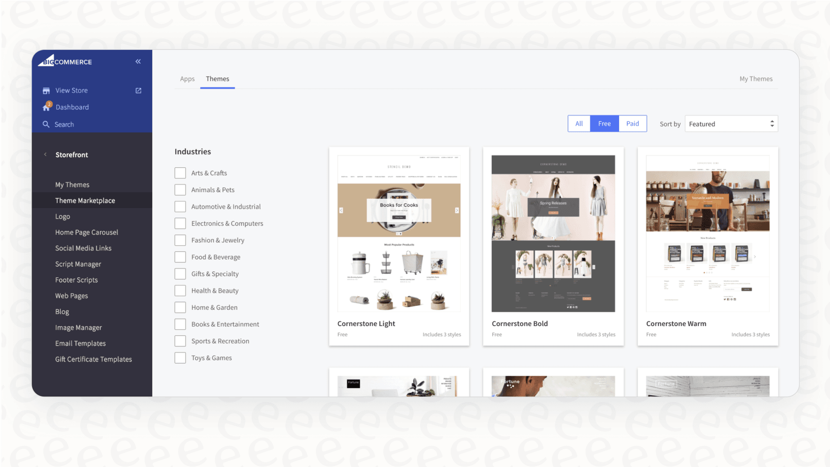 The BigCommerce theme store, where users can browse and purchase premium themes to customize their storefront.::