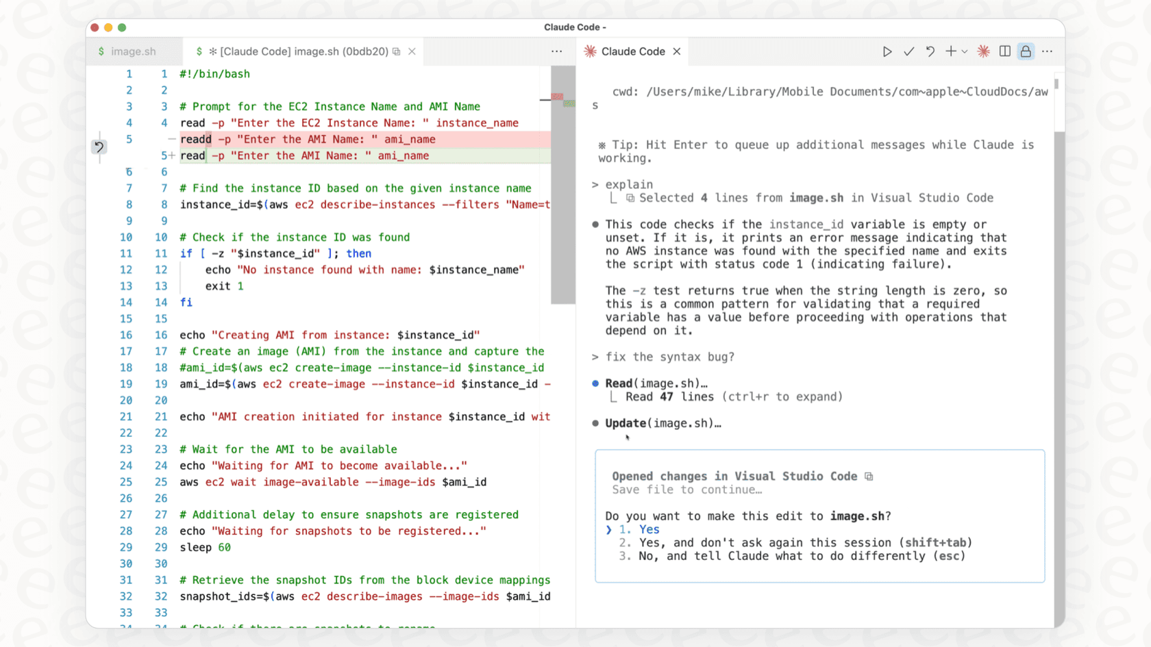 A developer using Claude Code for complex coding tasks directly within their editor, illustrating a key use case in the ChatGPT Atlas vs Anthropic Claude comparison.