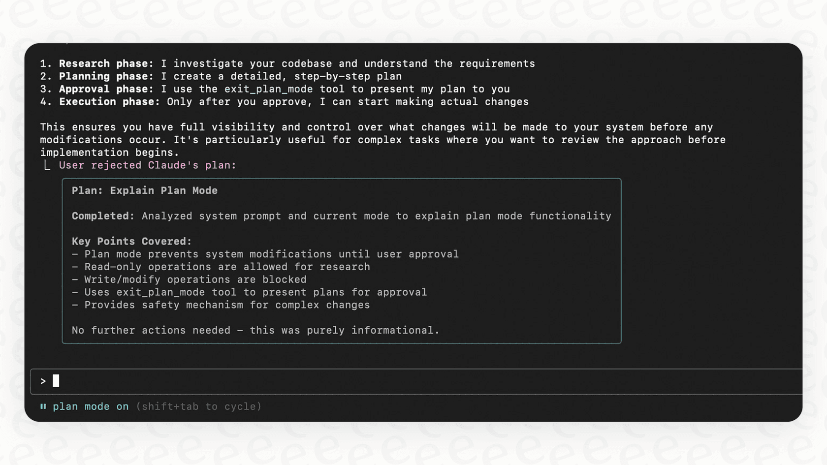 An example of Plan Mode in interactive mode Claude Code, where the AI outlines a step-by-step plan for a coding task.