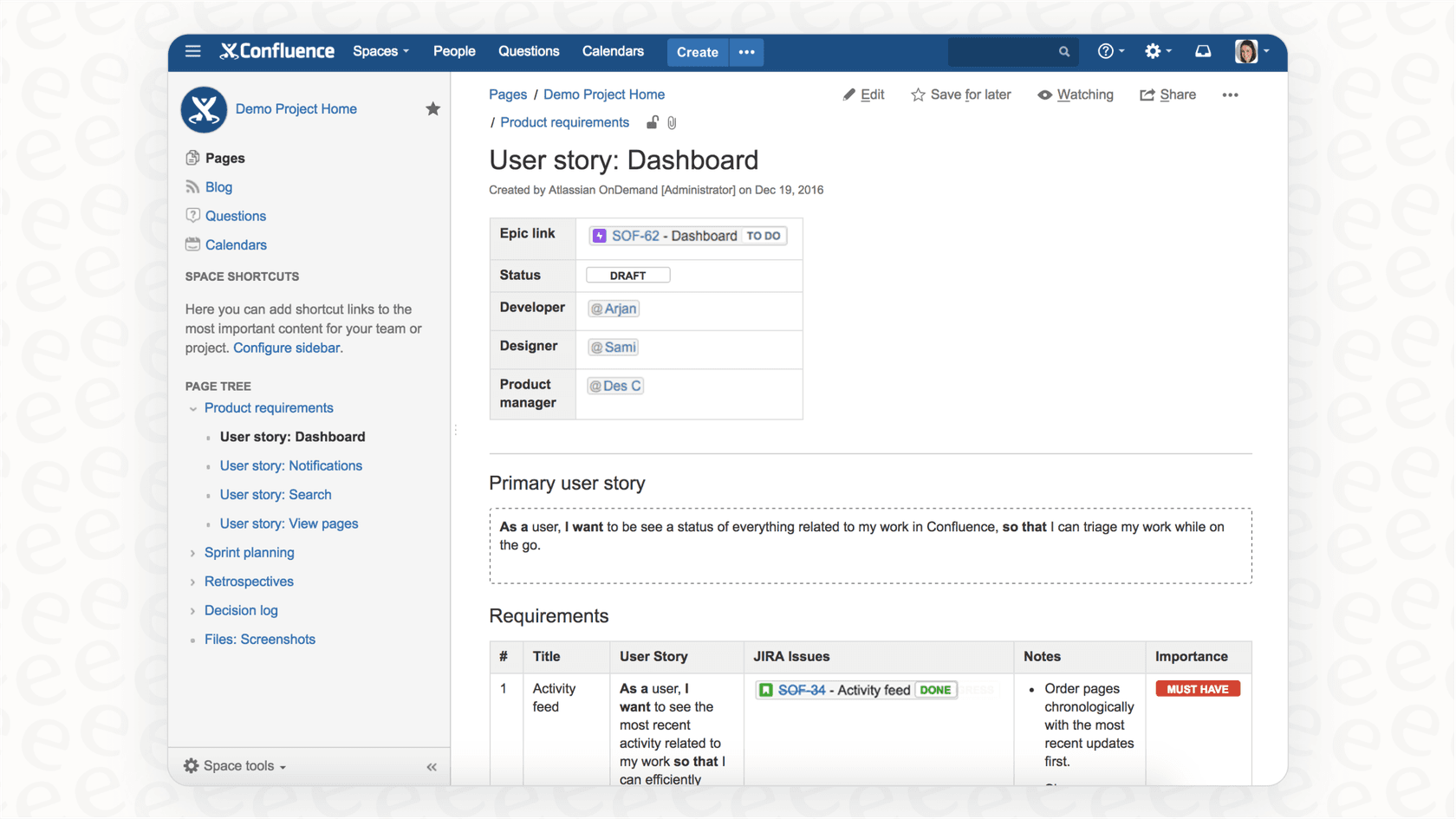 A screenshot demonstrating the seamless Jira integration within Confluence, a major highlight of this Confluence review.::