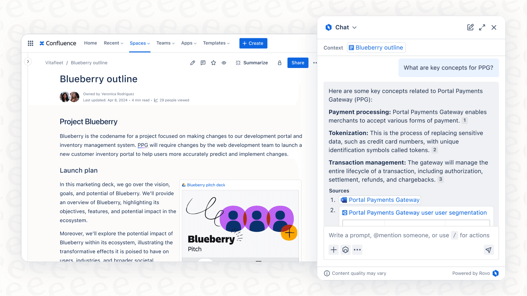 A screenshot of the Confluence Rovo Intelligence Copilot, demonstrating how to use AI to search Confluence.