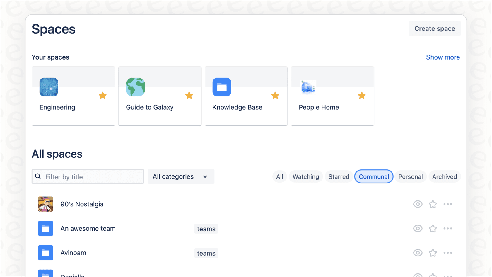 A screenshot of the Confluence interface showing the Spaces feature, which helps organize work by team or project. This image supports the Confluence review by illustrating a core concept.::