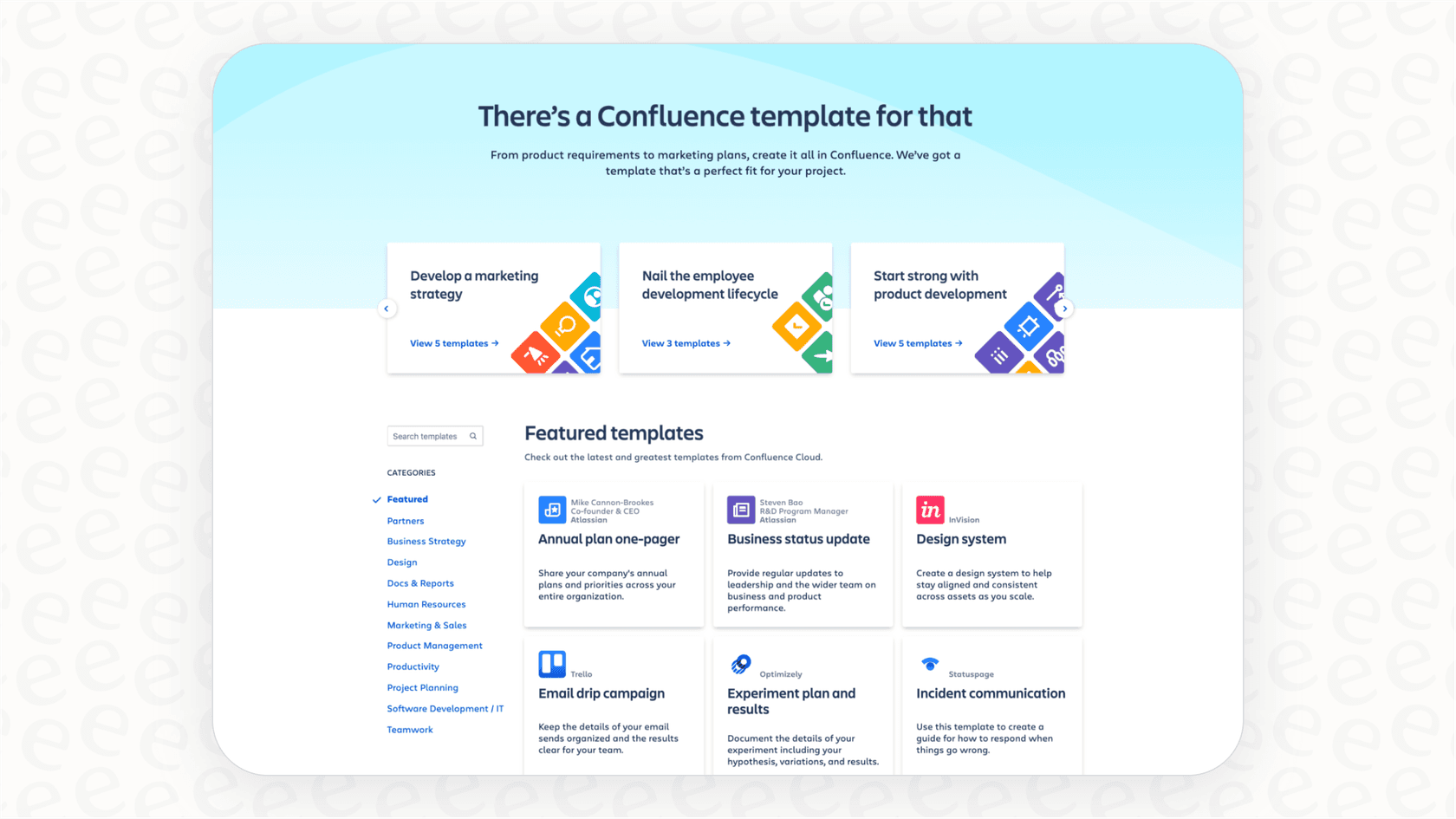 This screenshot shows the extensive template library in Confluence, a key point in this Confluence review for maintaining documentation consistency.::