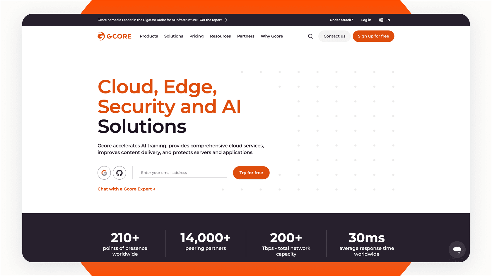 Screenshot of Gcore's website.