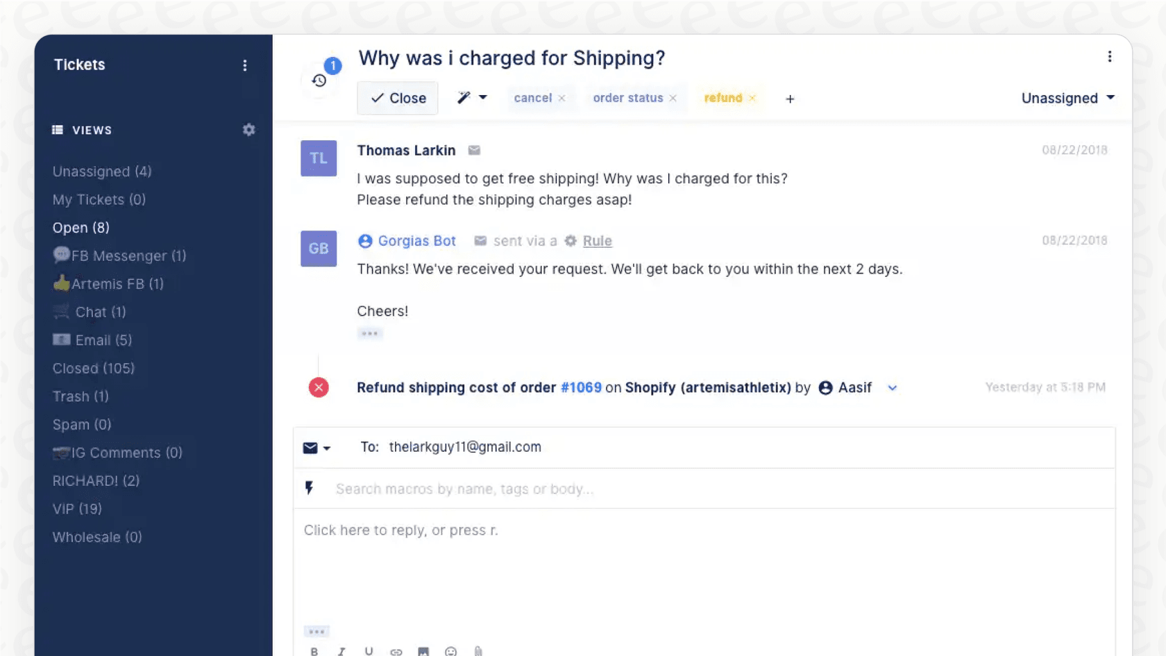 A view of the Gorgias interface showing how AI Agent Actions can be configured to perform tasks in connected applications like Shopify.