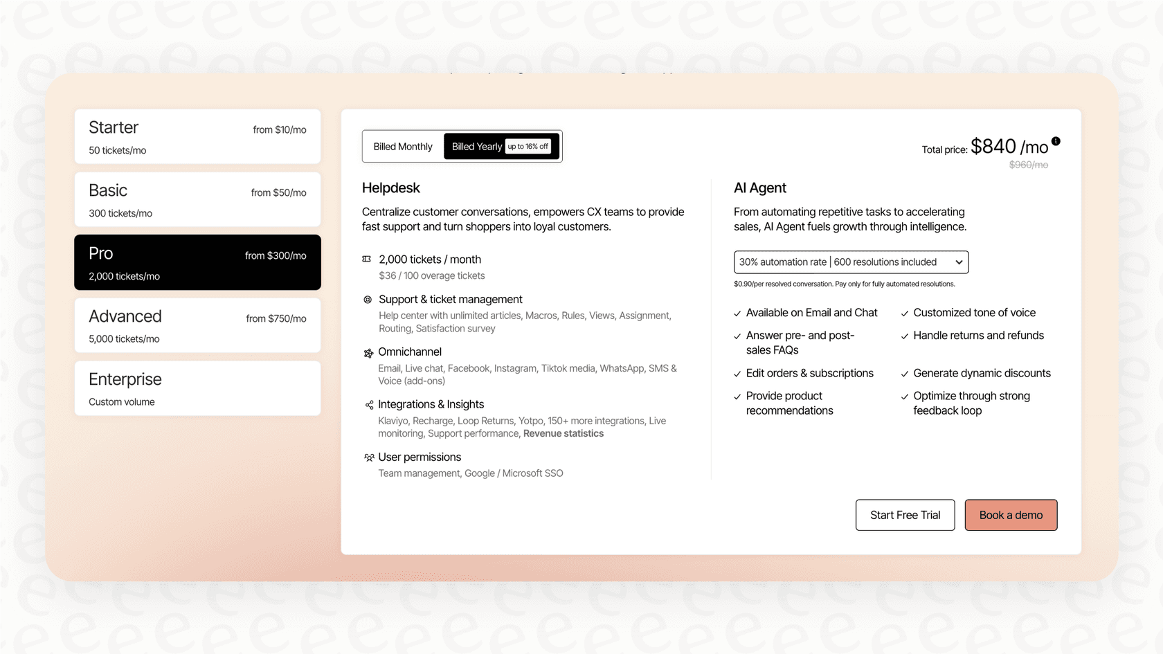A screenshot of the Gorgias AI pricing page showing the cost of the Automate add-on.