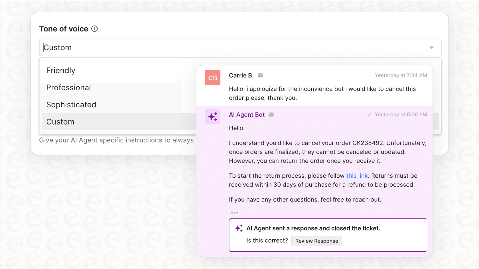 The brand voice customization settings within Gorgias AI, illustrating the options available to align the AI