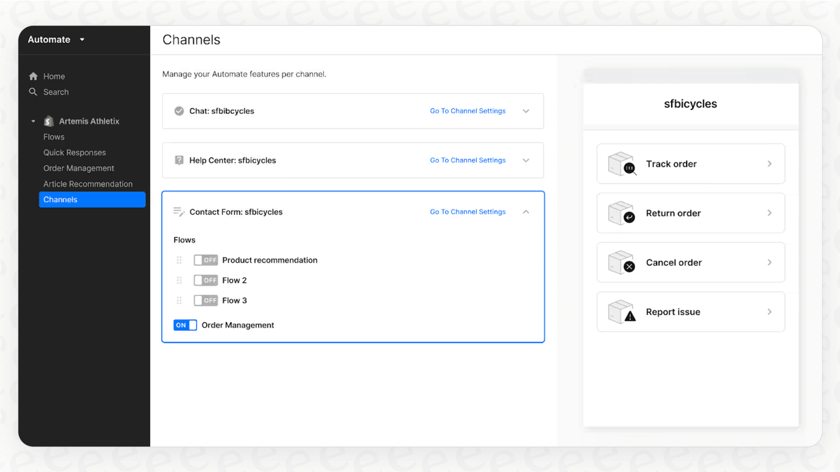 A screenshot of the Gorgias settings page where users can manage their channels, including setting up a Gorgias SMS integration.::
