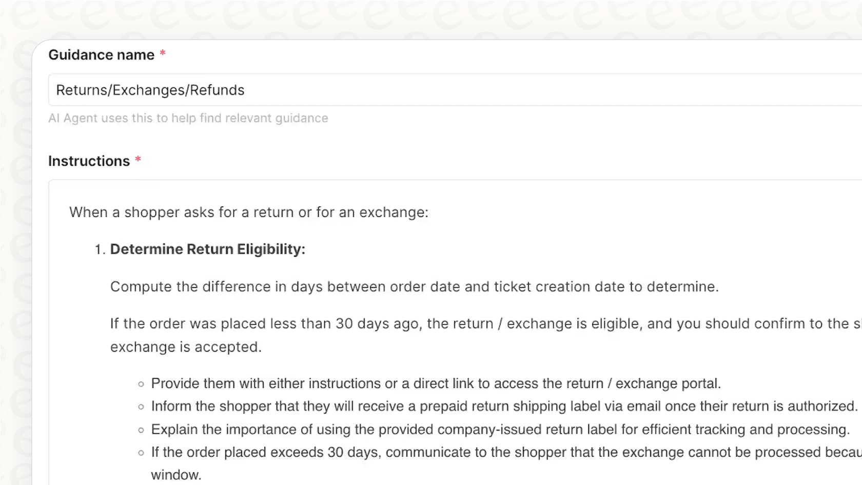 Uma captura de tela do recurso de Orientações do Gorgias AI, que é central para as orientações do Gorgias AI para controlar a transferência para agentes humanos.::