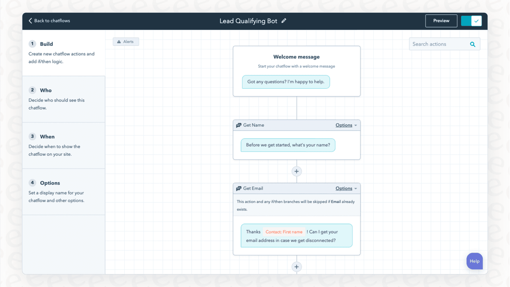 A screenshot of the HubSpot dashboard, showing where to find the chatflows to begin the setup.