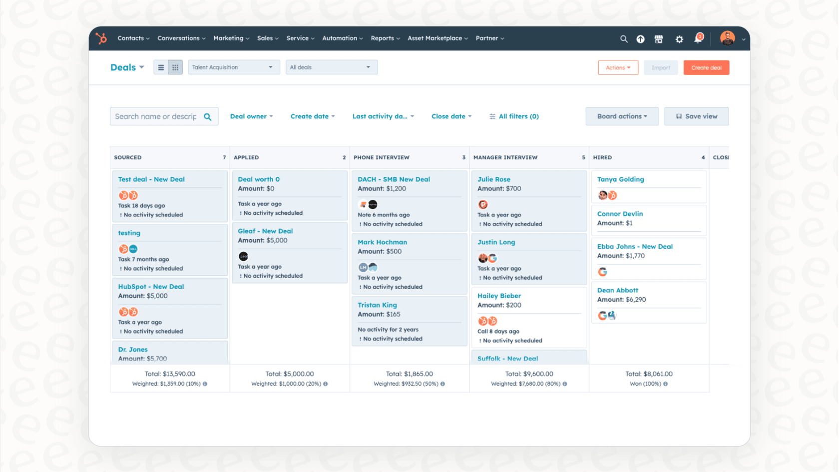 A screenshot of the HubSpot Sales Hub, which is discussed in this HubSpot review.::