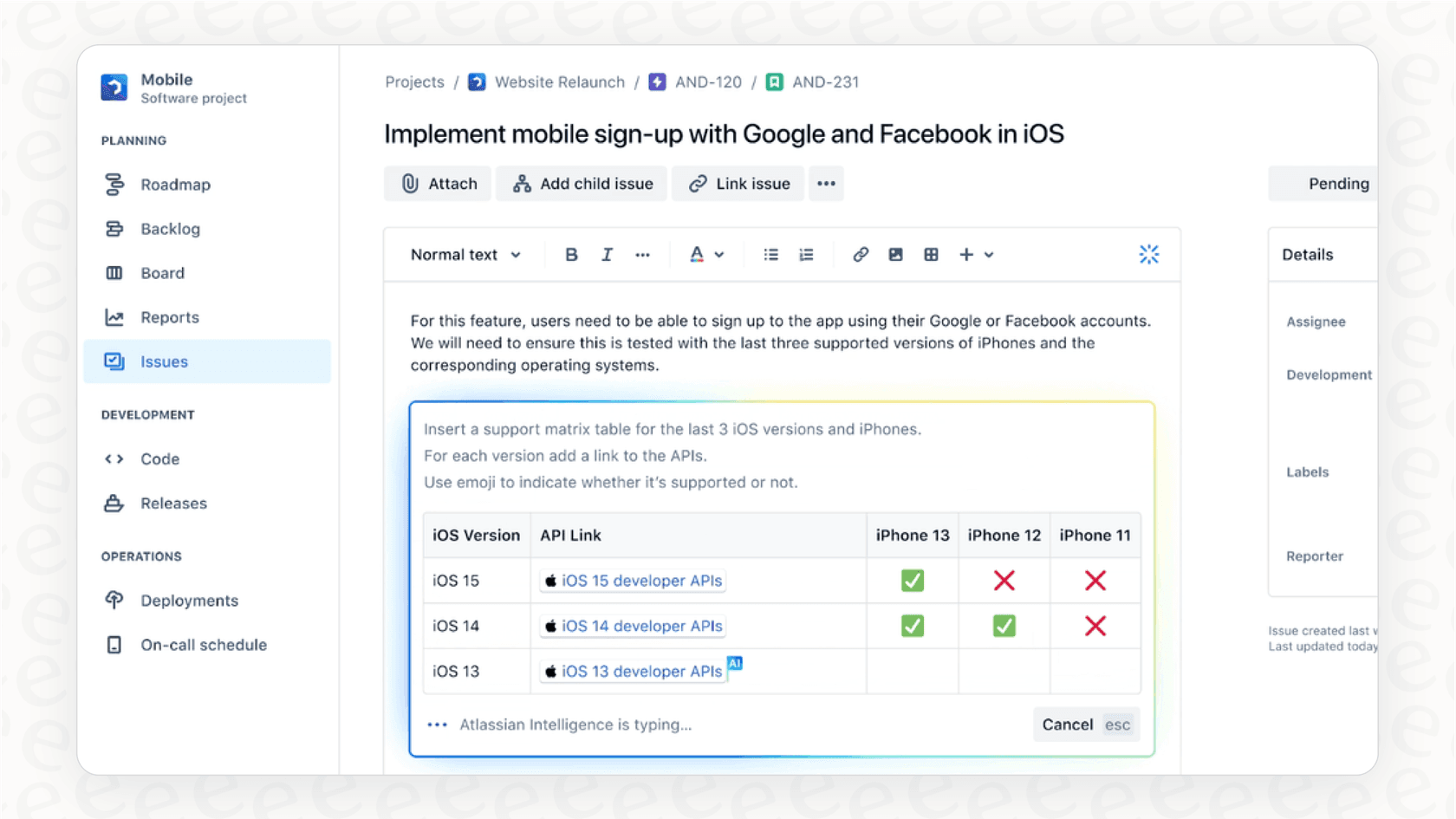Un exemple de suggestion de réponse générée par l'IA dans l'interface Jira, une fonctionnalité clé d'un chatbot IA pour Jira.::