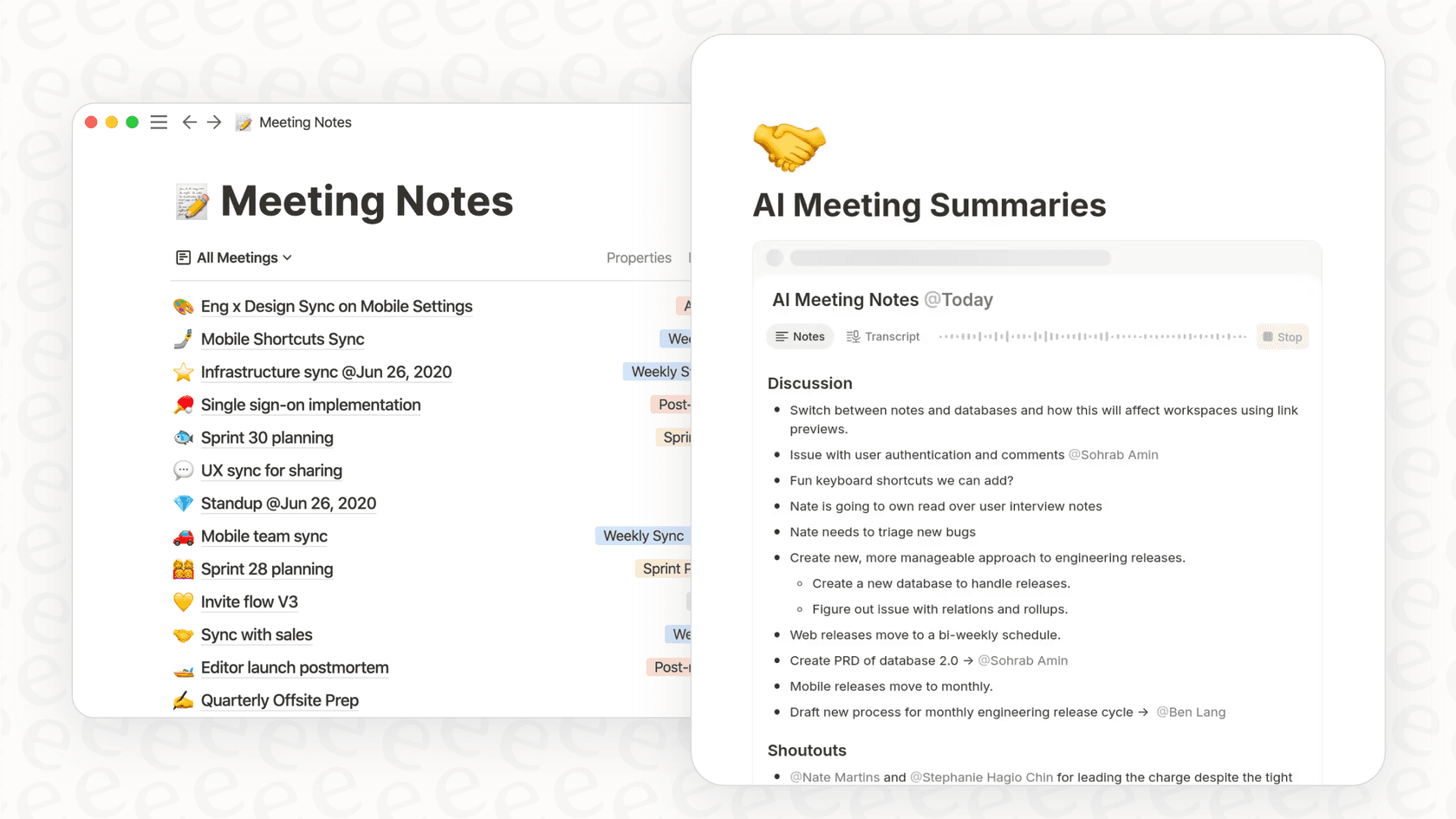 A screenshot of the Notion AI Meeting Notes feature transcribing a meeting live within a Notion page.