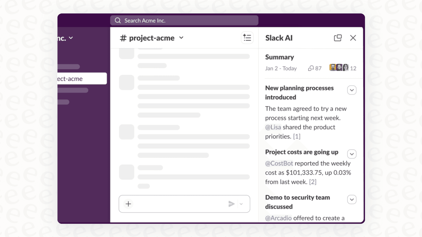 A screenshot showing the AI-powered channel summary feature, a key part of the Slack AI Workflow Builder Steps.