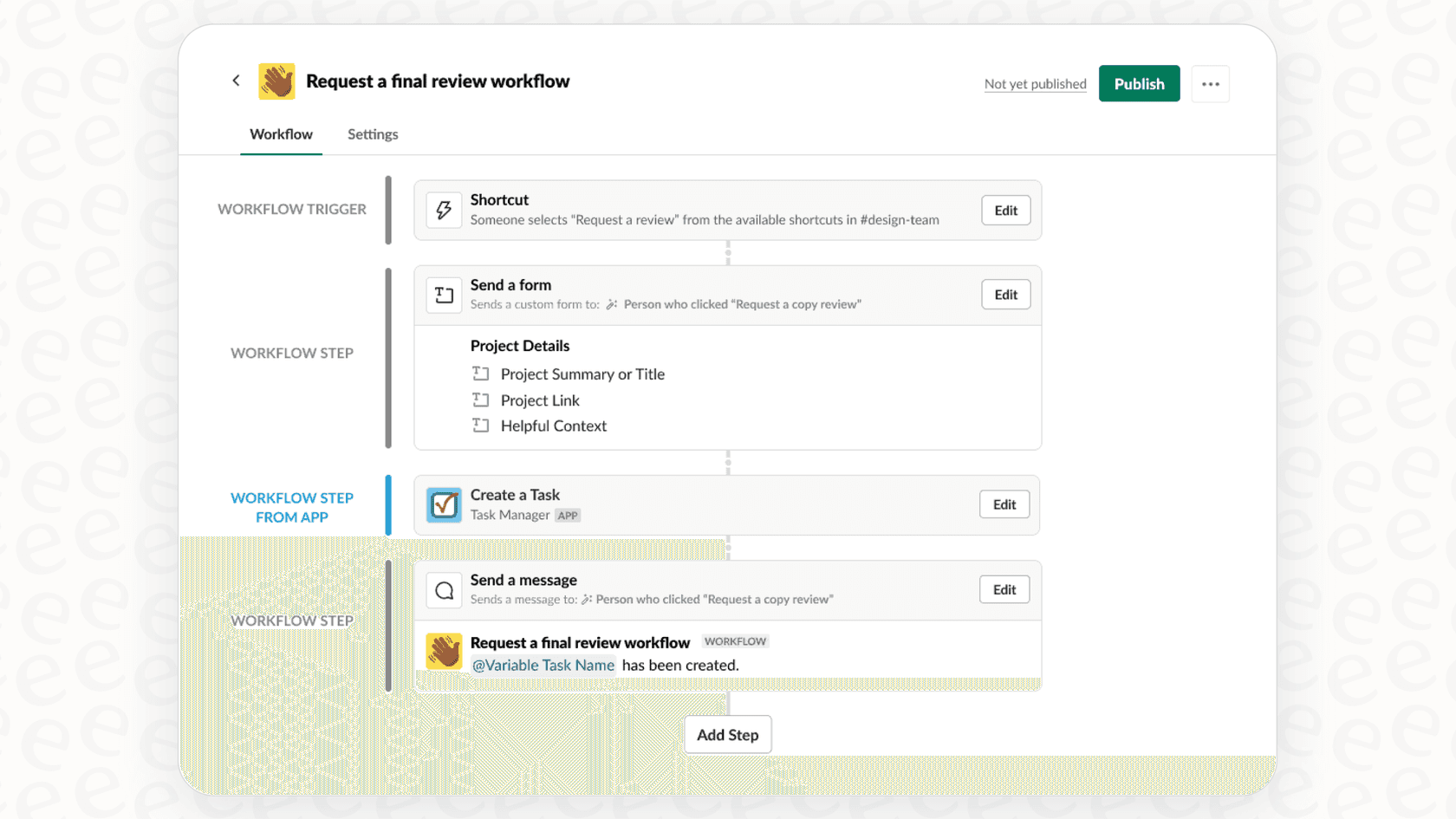 An illustration of the various steps and triggers available in the Slack AI Workflow Builder.