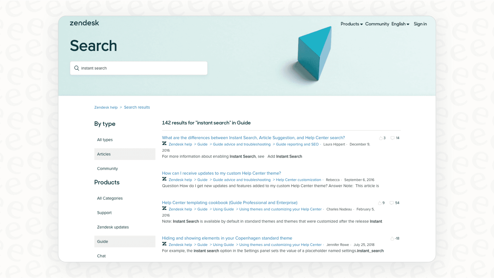 A screenshot showing the main dashboard of Zendesk Guide, an example of Zendesk Knowledge-based Self Service in action.