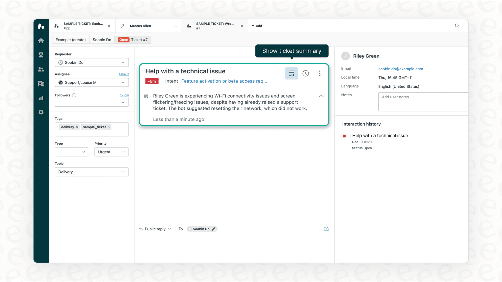 A screenshot of an automatically generated ticket summary within the Zendesk interface, showcasing the AI features of Zendesk voice support.