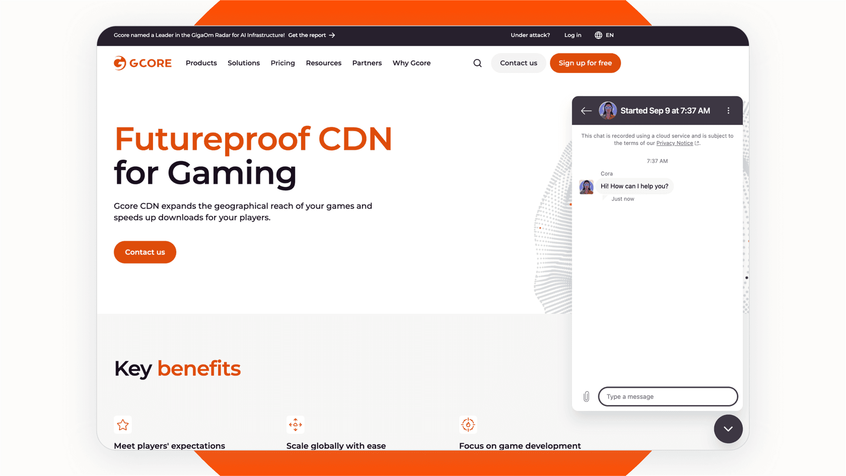 Screenshot of eesel AI's chatbot in Gcore's website.