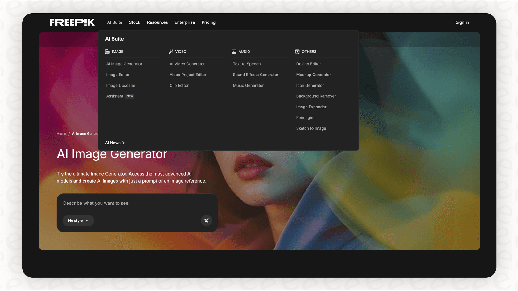 A view of the dashboard for the Freepik AI content generation suite, highlighting the different creative tools available.