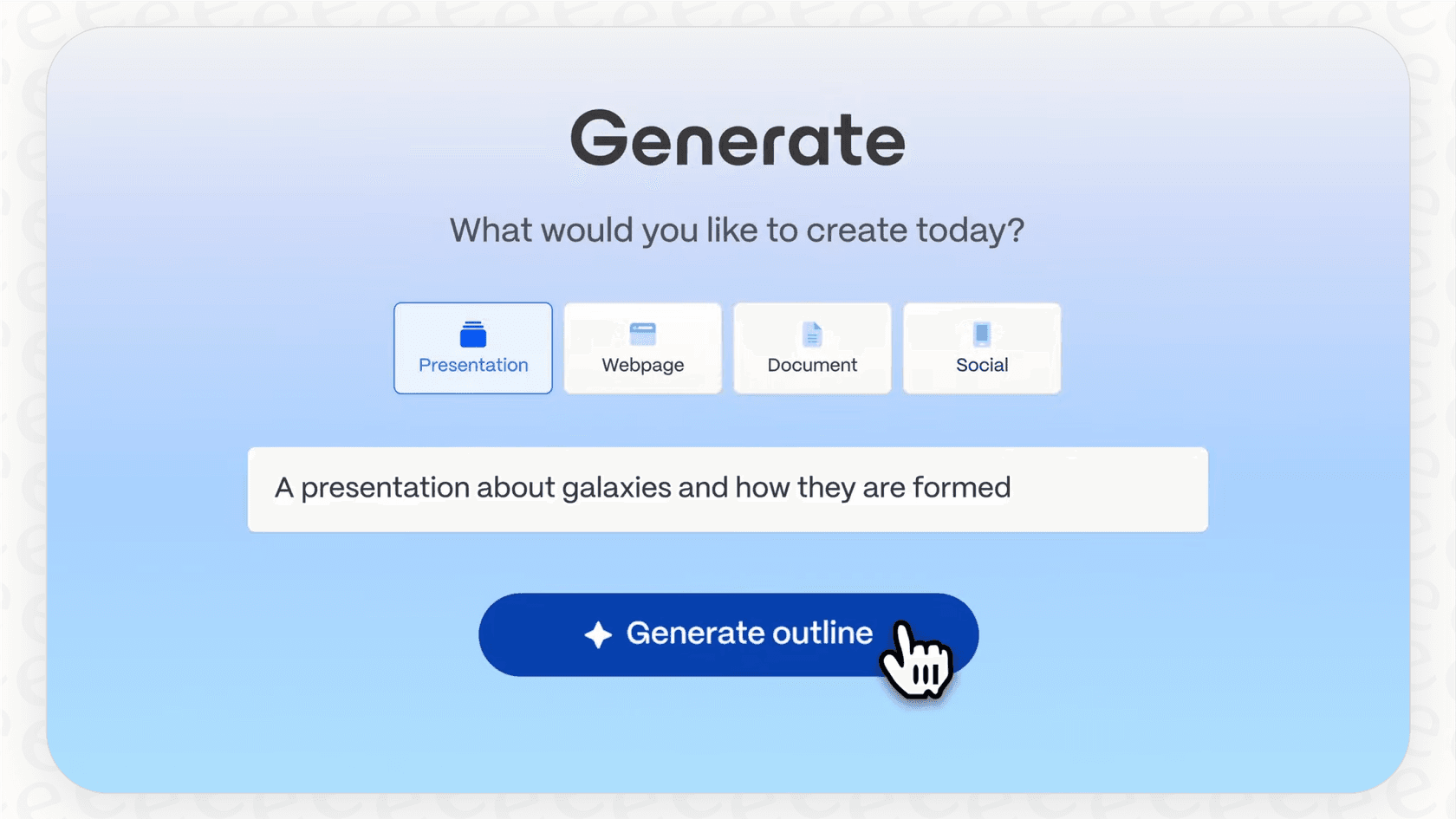 A user generating a new presentation in Gamma by providing a detailed text prompt to the AI.