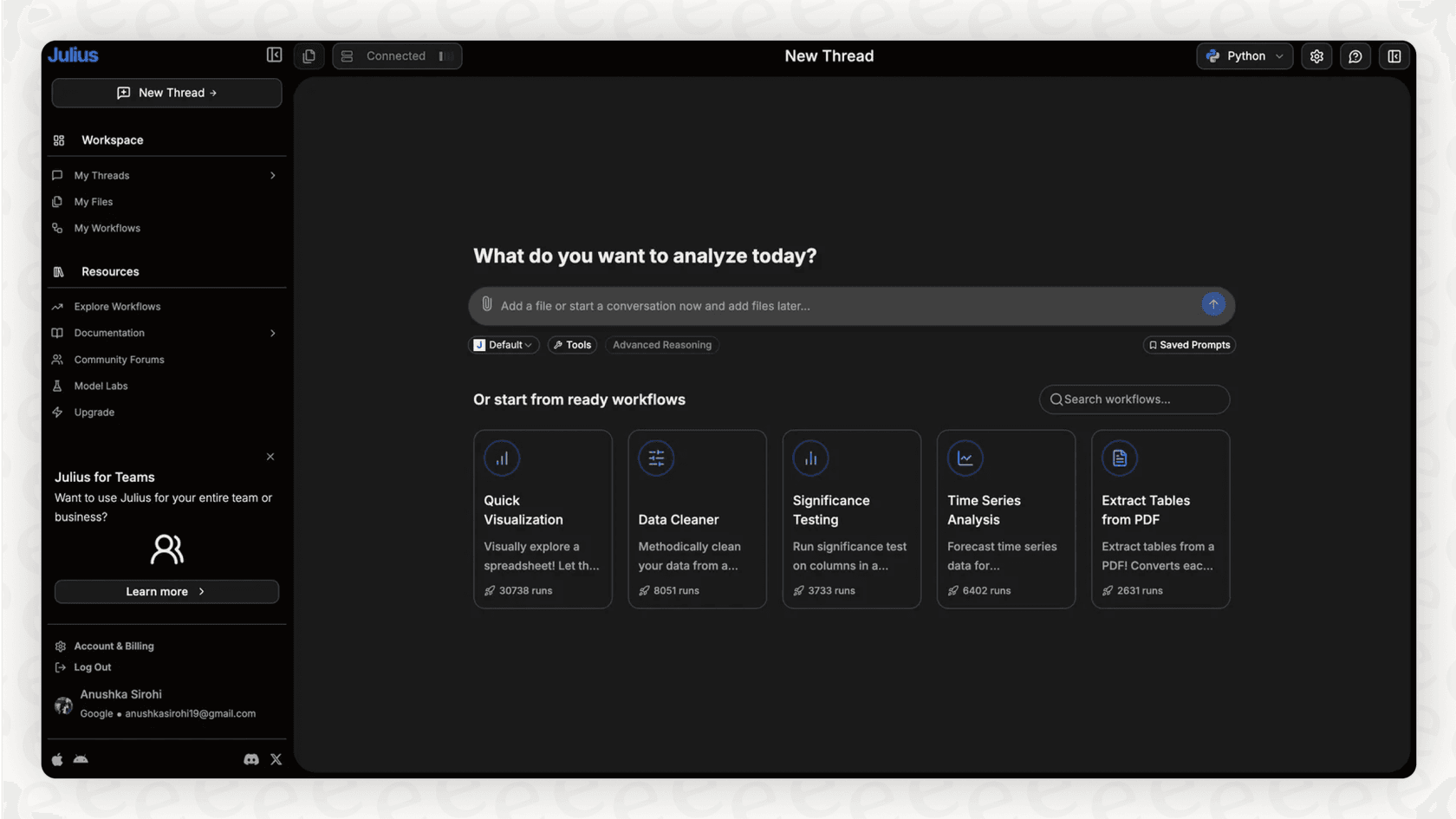 A user interacts with the Julius AI chatbot to get insights from their data.
