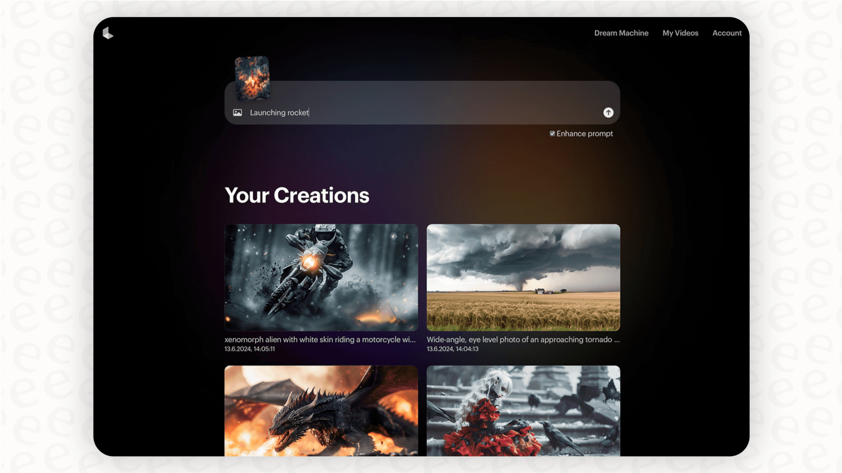 A screenshot of the Luma AI Dream Machine interface where users can input text to generate video content.