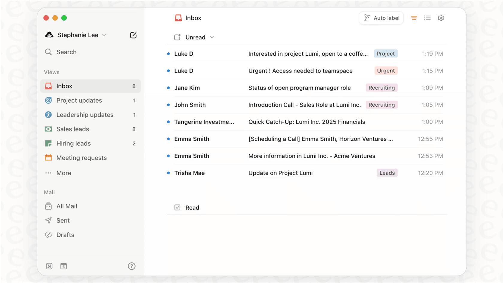 A screenshot for a Notion Mail overview showing the simple, text-focused layout of the inbox.