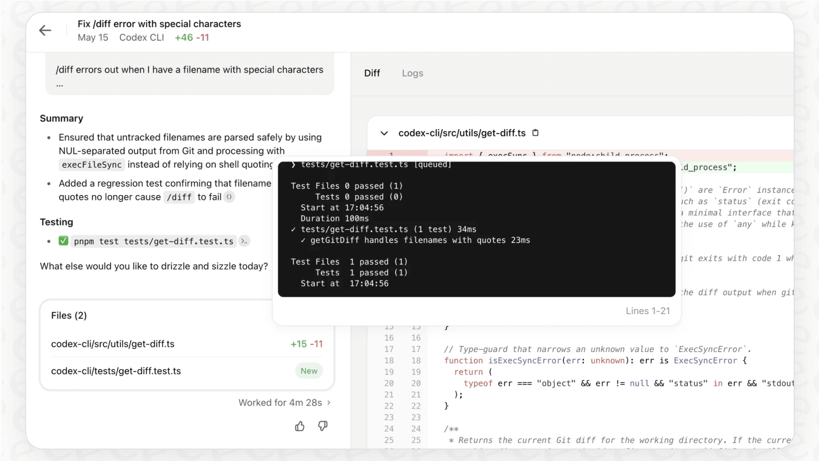 A screenshot of the OpenAI Codex chat panel next to a code file in VS Code, showing an example of OpenAI Codex integrations with VS Code.::