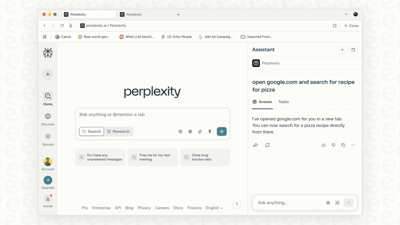 The Perplexity Comet browser interface, a top choice for researchers looking for ChatGPT Atlas alternatives.::
