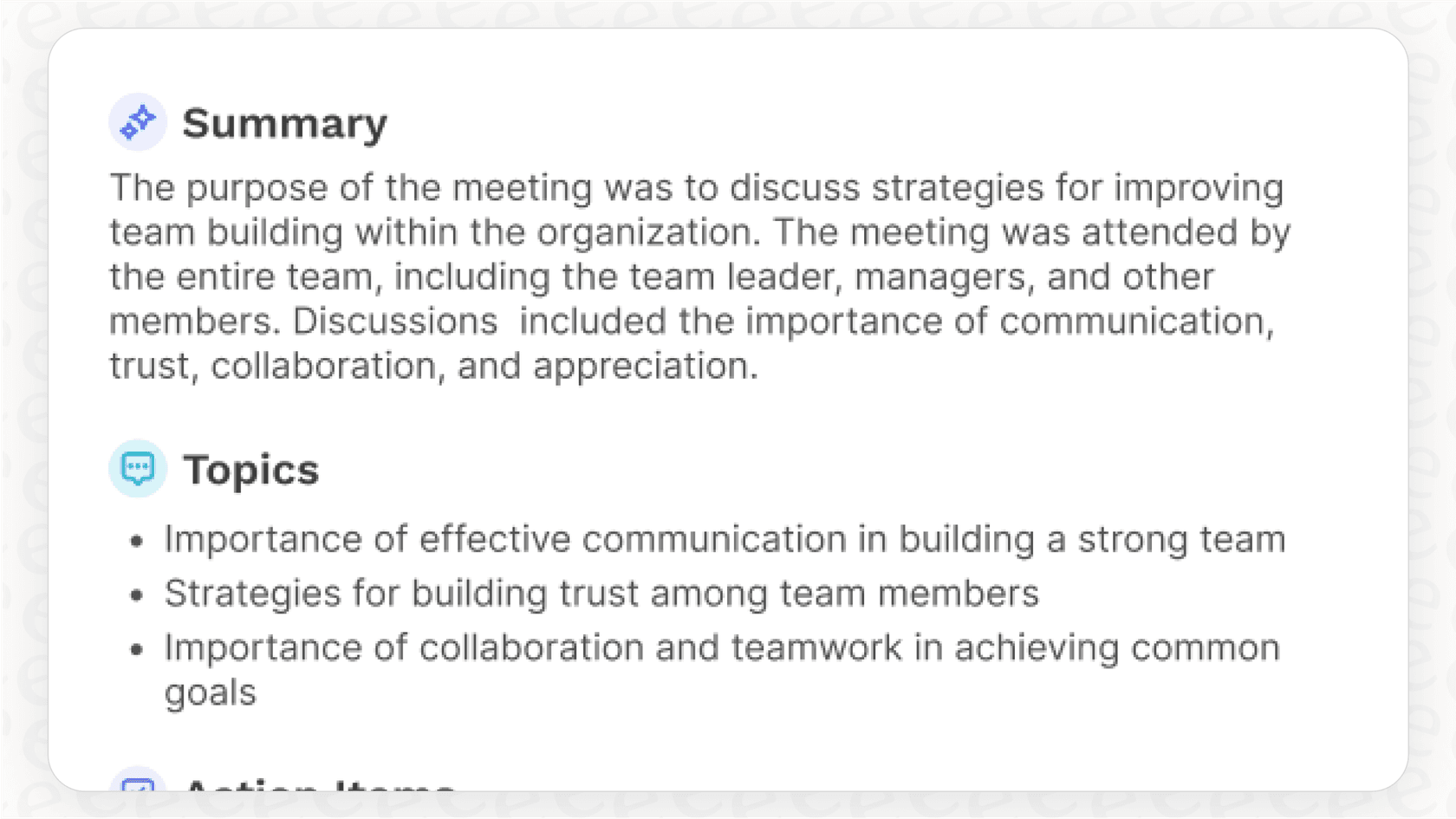 A screenshot of the Read AI meeting assistant summary, which highlights the key features of the Read AI tool.