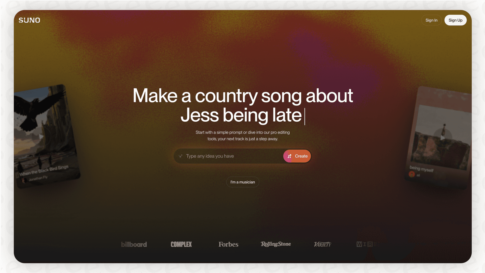 A screenshot of the Suno AI interface, where users can input text prompts to generate music, showcasing an example of the creative tool Suno.