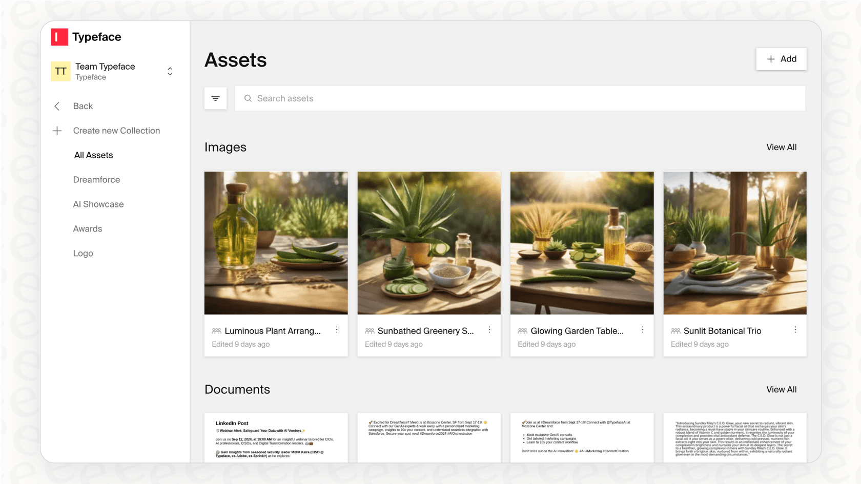 A screenshot of the Typeface AI Brand Hub, which acts as a single source of truth for brand consistency.