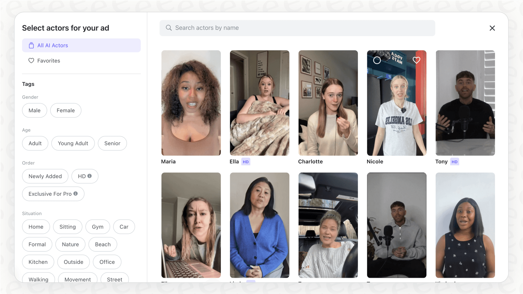 A screenshot of the actor selection screen in Arcads AI, showcasing the variety of available AI avatars for video ads.