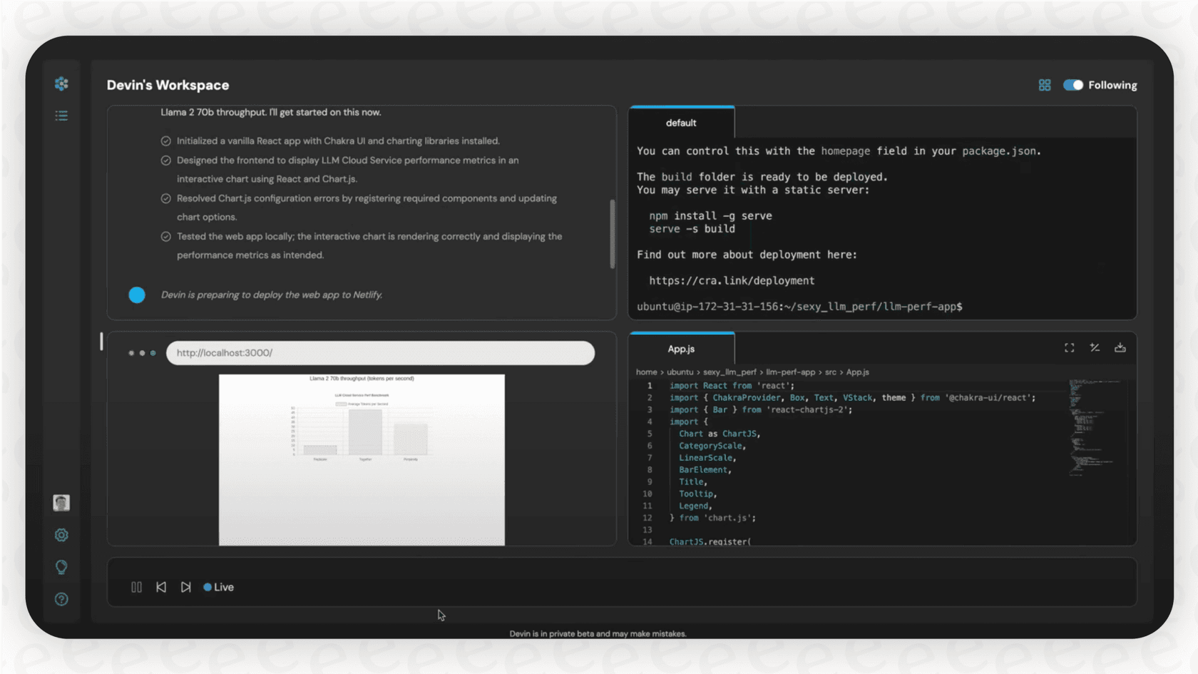 Screenshot showcasing the user interface of Devin by Cognition AI, demonstrating its capability to handle a software development task.