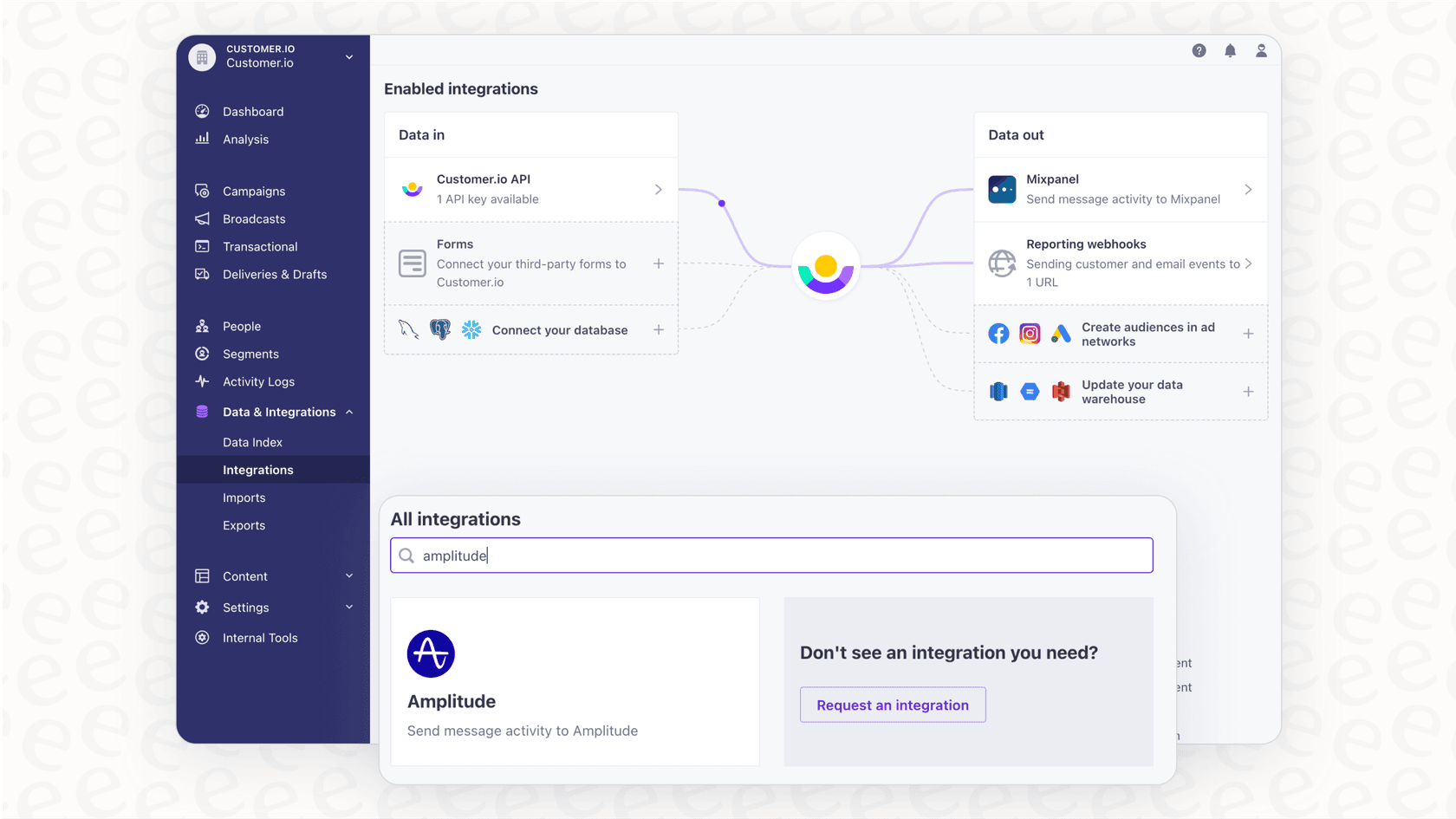 The data integration panel within Customer.io, showcasing how Customer.io connects with other platforms.