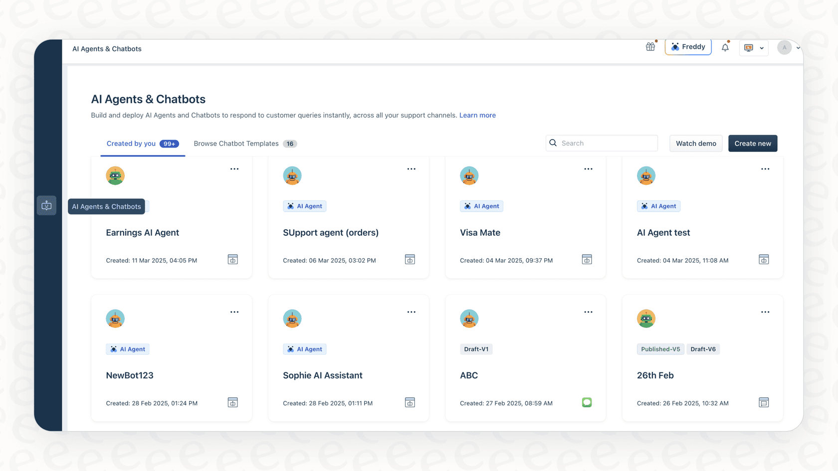 Une vue de l'interface utilisateur principale du Freddy AI Agent Studio, montrant où les utilisateurs peuvent construire leurs agents IA.