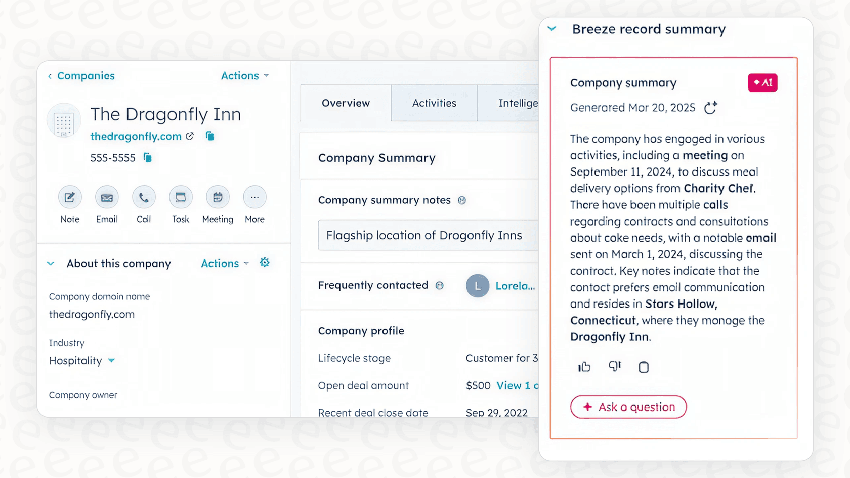 A view of the HubSpot Breeze assistant providing a data summary for a contact record.