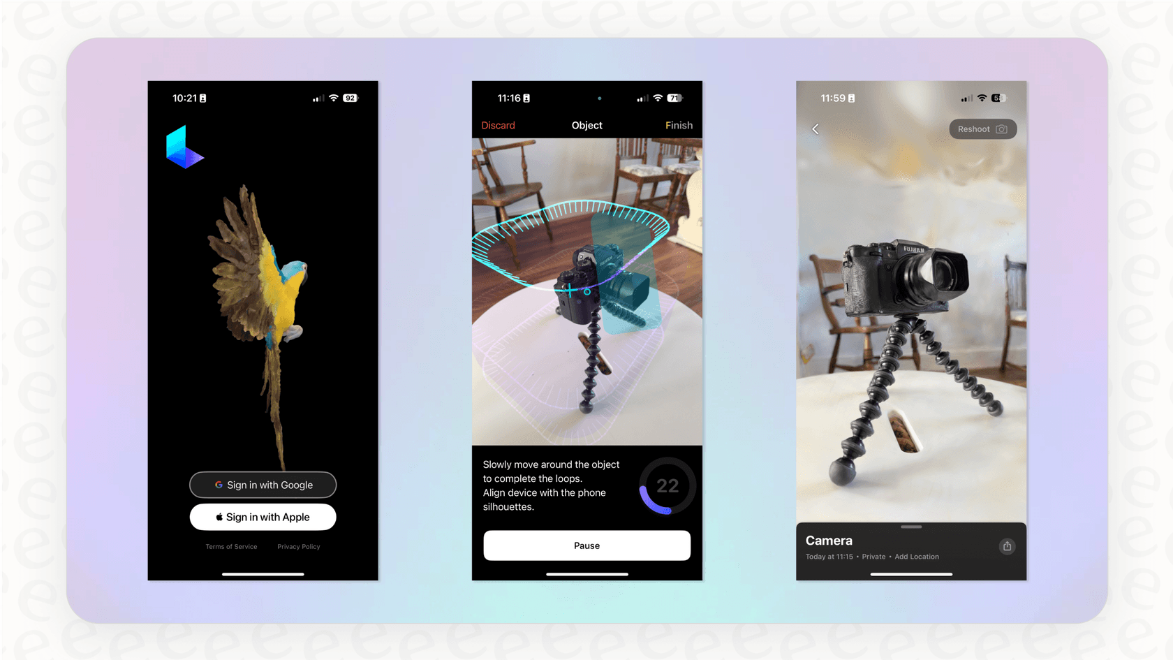 A demonstration of the Luma AI 3D Capture app interface on a phone, creating a 3D model of an object.