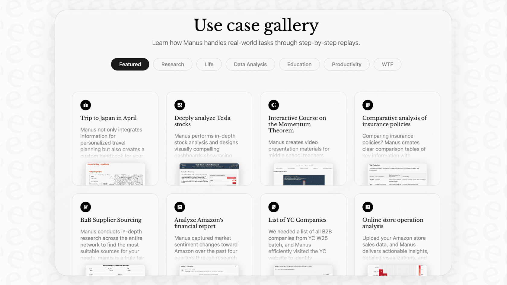 A collage showing the variety of outputs from Manus AI, including a webpage, slideshow, and infographic.