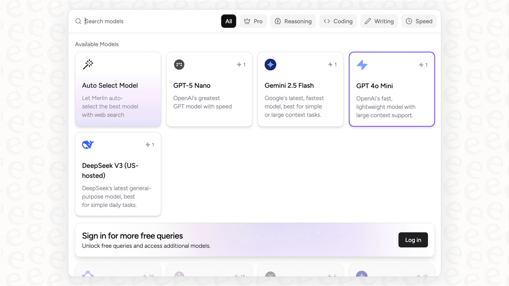 A screenshot demonstrating the variety of AI models available in Merlin AI, which is a core feature.