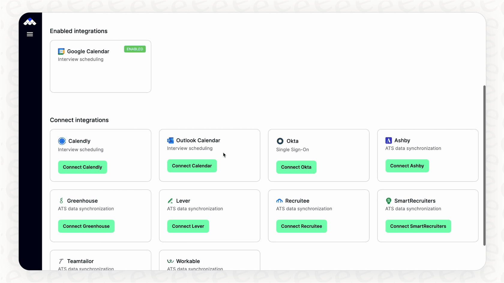 A screenshot showing the integration options in Metaview, an essential step to automate the hiring process.