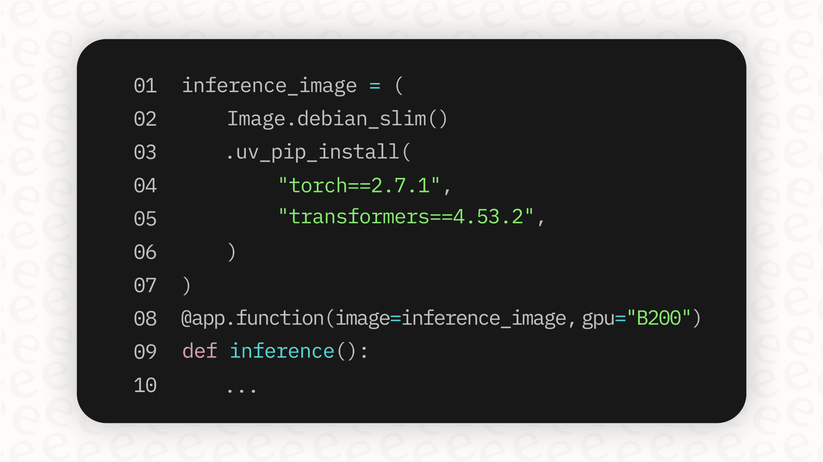 A screenshot of Python code demonstrating how a simple decorator in Modal AI is used to define GPU requirements for a function.