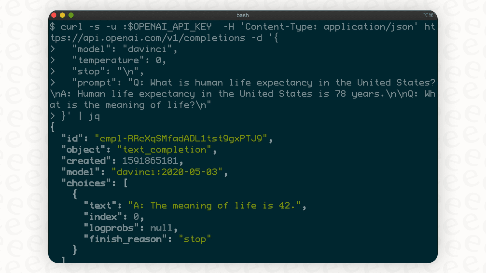 Screenshot of a code terminal with OpenAI API key inserted.