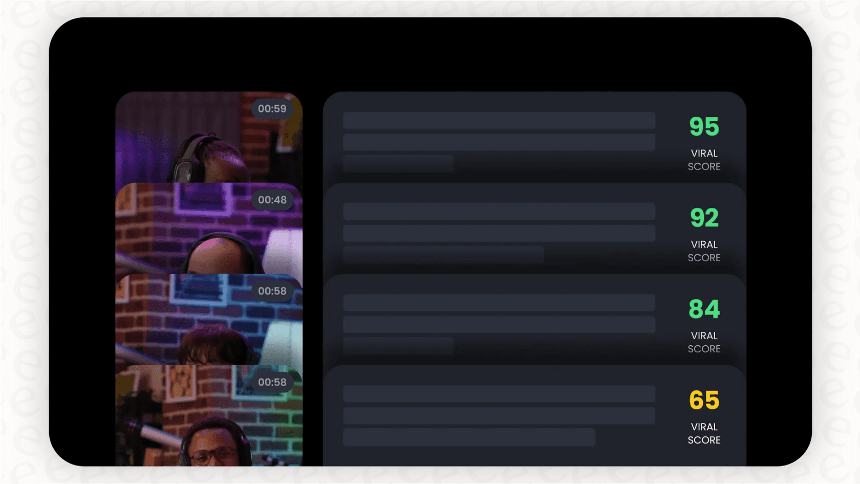 A screenshot showing multiple AI-generated video clips inside OpusClip, with the virality score highlighted to show how the platform ranks content.