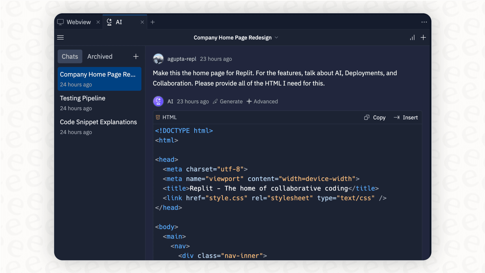 A screenshot demonstrating the Replit Agent, which allows users to build apps with AI using natural language prompts.